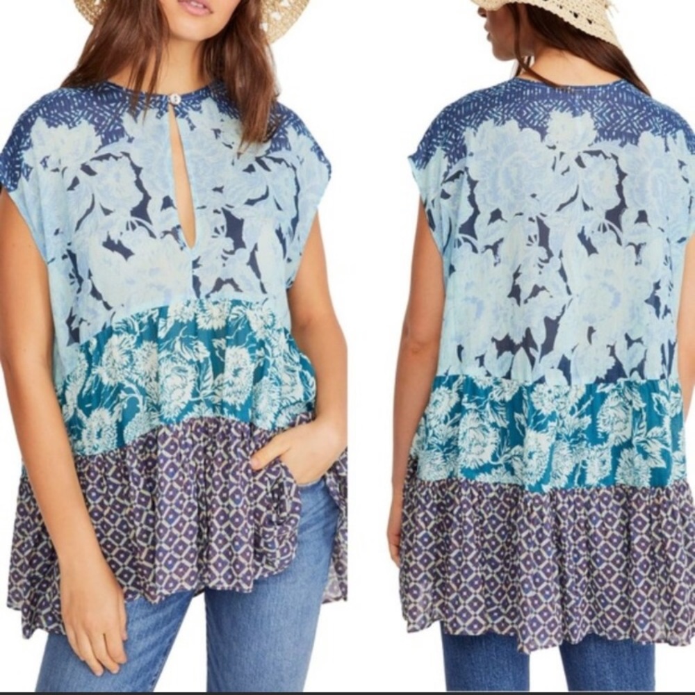 Free People Blue Multi-Print Tiered Floral Peasant Top